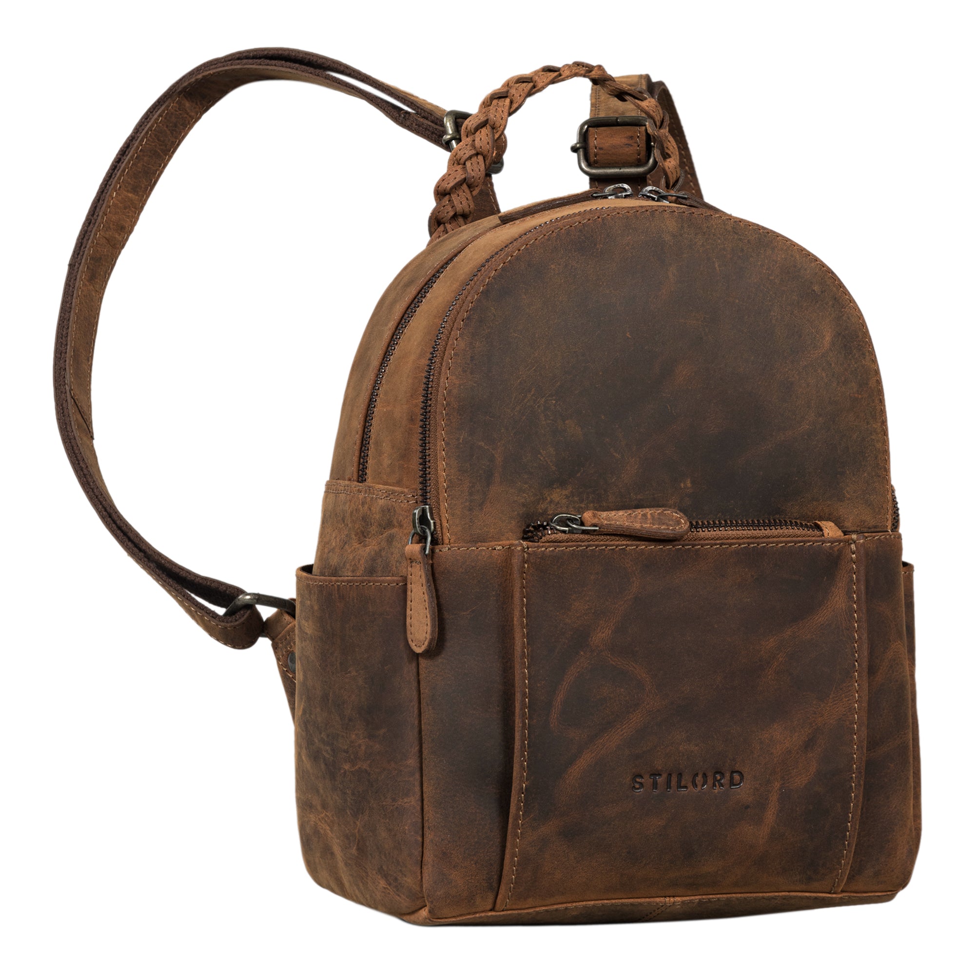 Brauner Lederrucksack geflochtener Henkel Damen