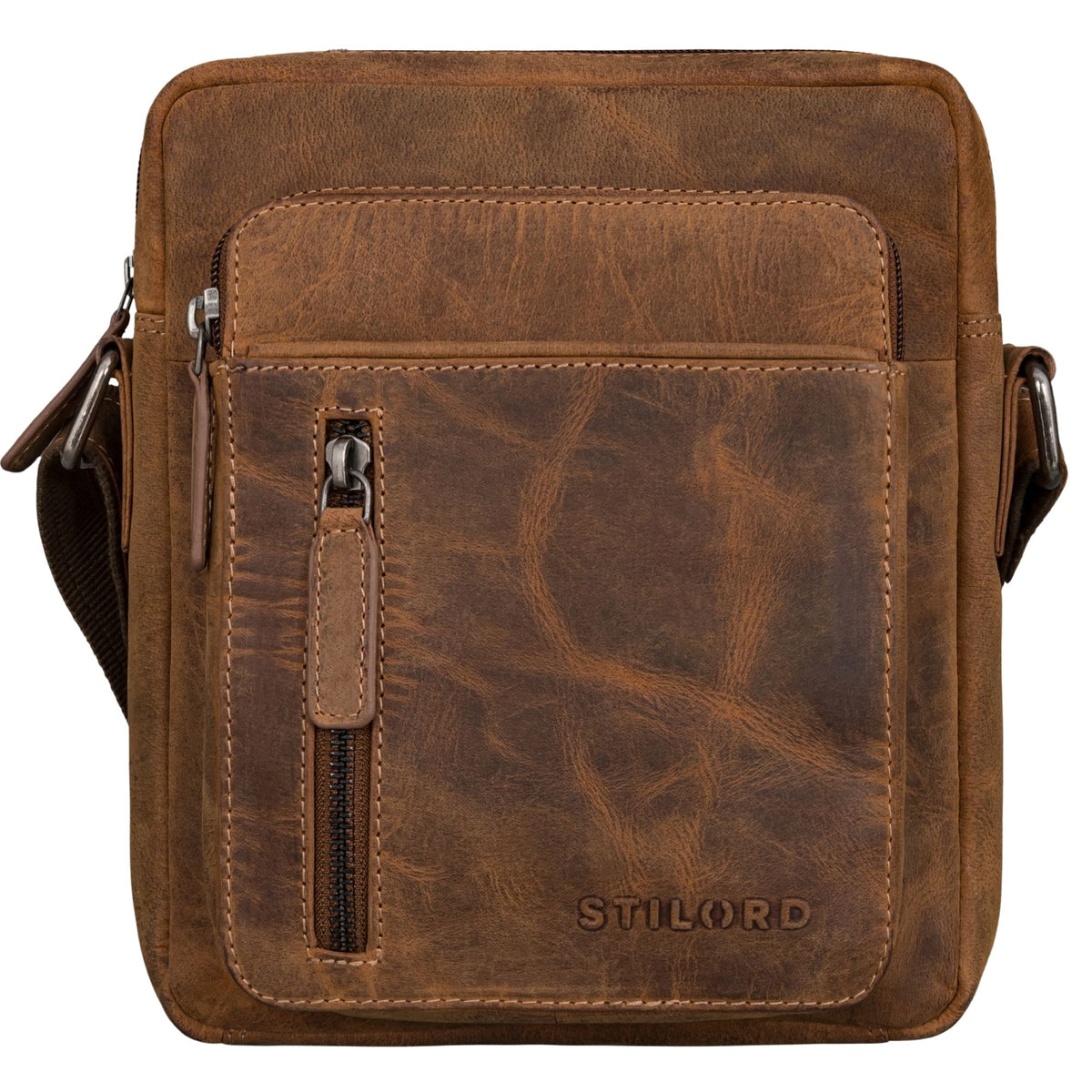 Kleine Herrenschultertasche aus braunem Büffelleder bergamo, Frontansicht mit Reißverschlussfach und STILORD-Prägung
