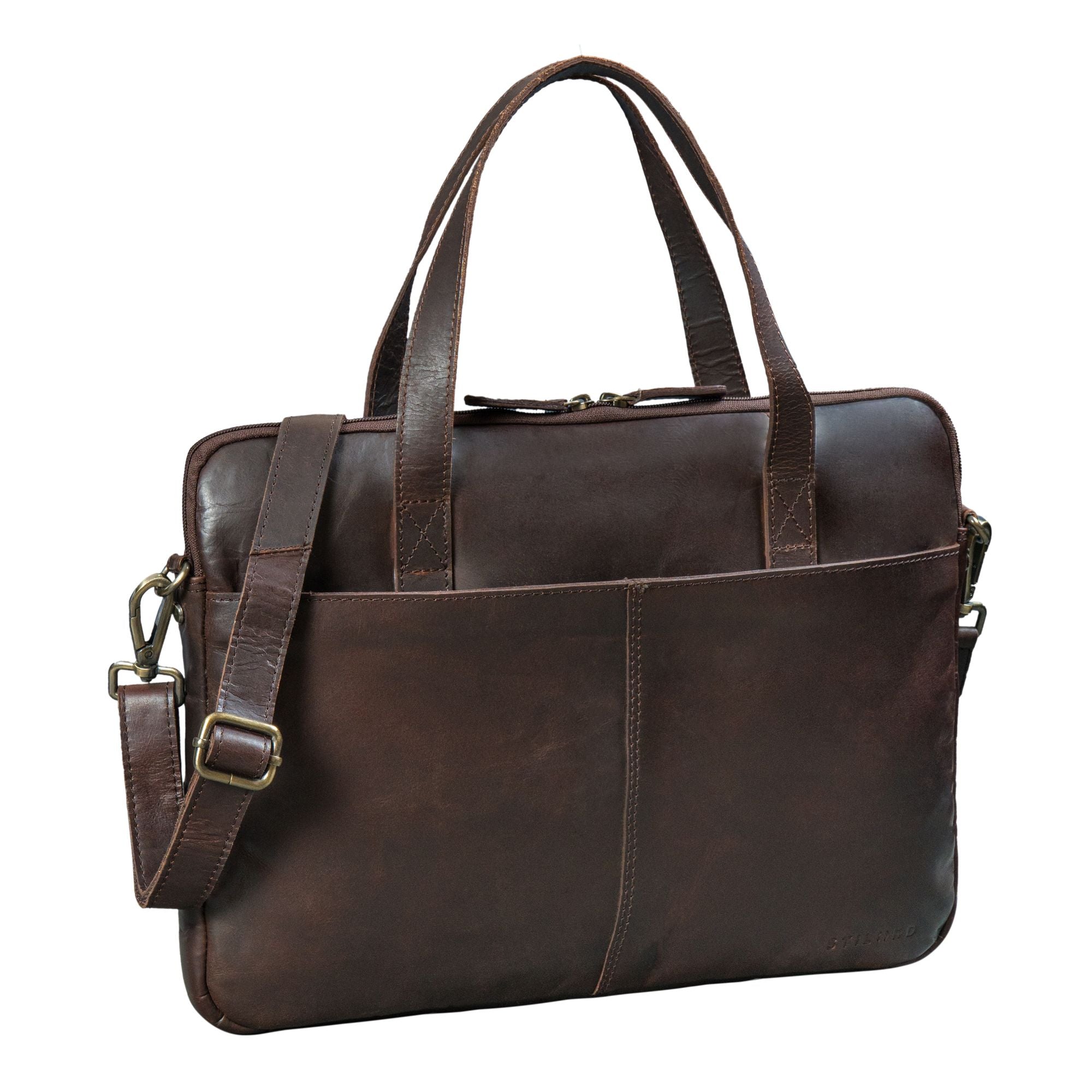 Schmale Dunkelbraune Laptoptasche 15.6 Zoll Leder Aktentasche Herren mit Schultergurt & Griff