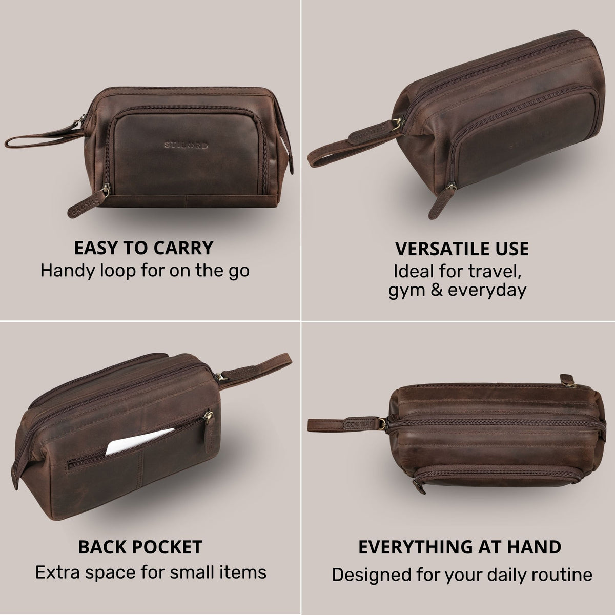 Necessaire em couro cor zamora castanho, vistas lateral e traseira com alça de pulso, bolso traseiro e marca STILORD visível.