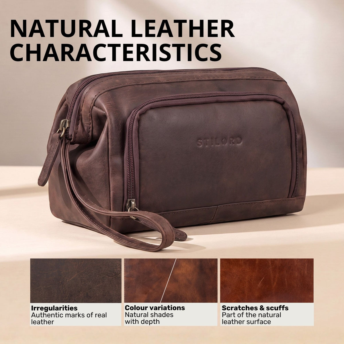 Necessaire em couro zamora castanho, vista lateral com alça de pulso, logo STILORD gravado e amostras da textura do couro