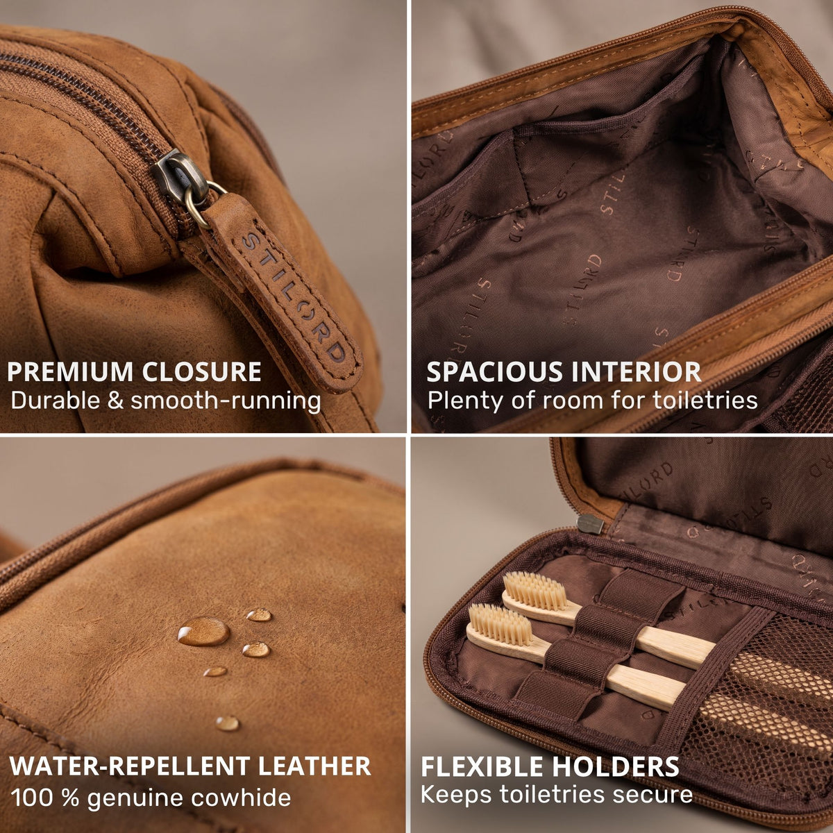 Necessaire em couro bovino tan, destaque para o puxador com gravação STILORD, couro repelente à água e interior espaçoso com suportes para escovas