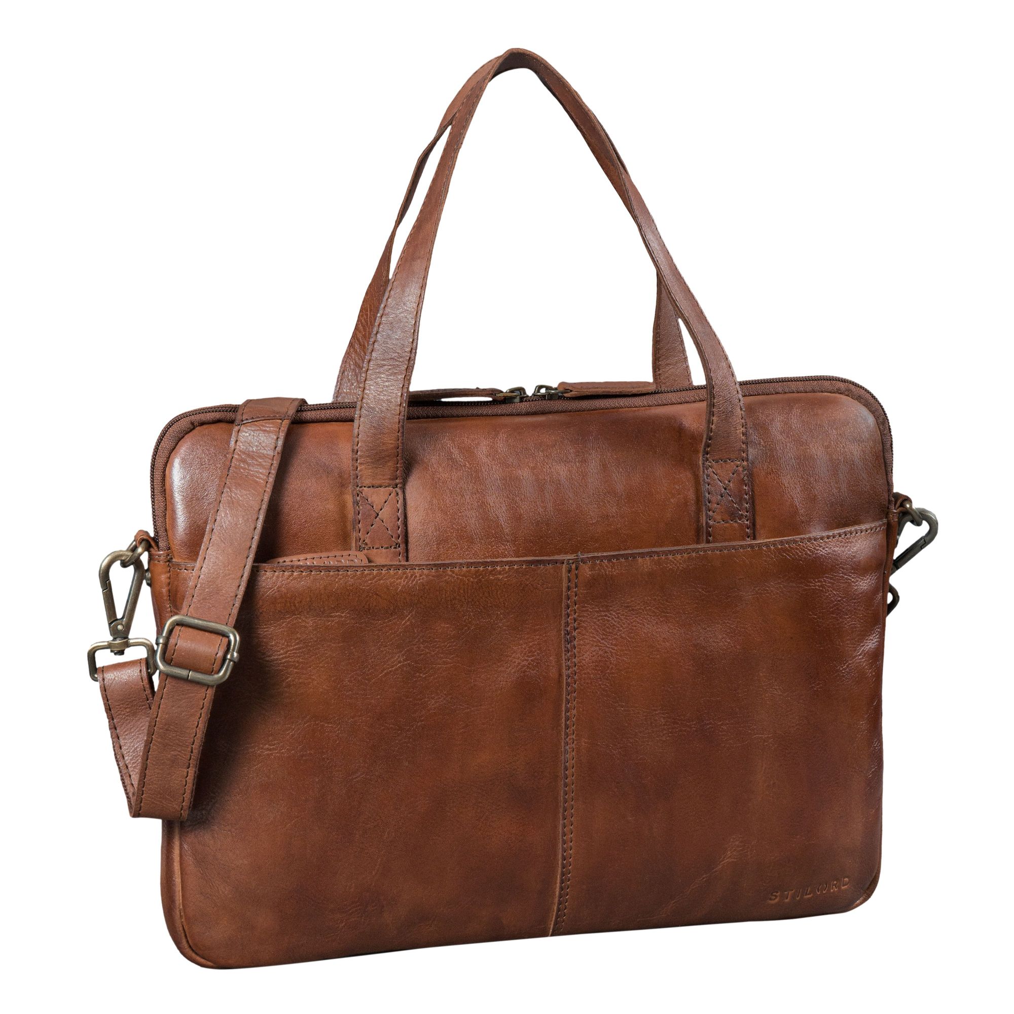 Schmale Laptoptasche 15.6 Zoll Leder Aktentasche Herren Cognac mit Schultergurt & Griff