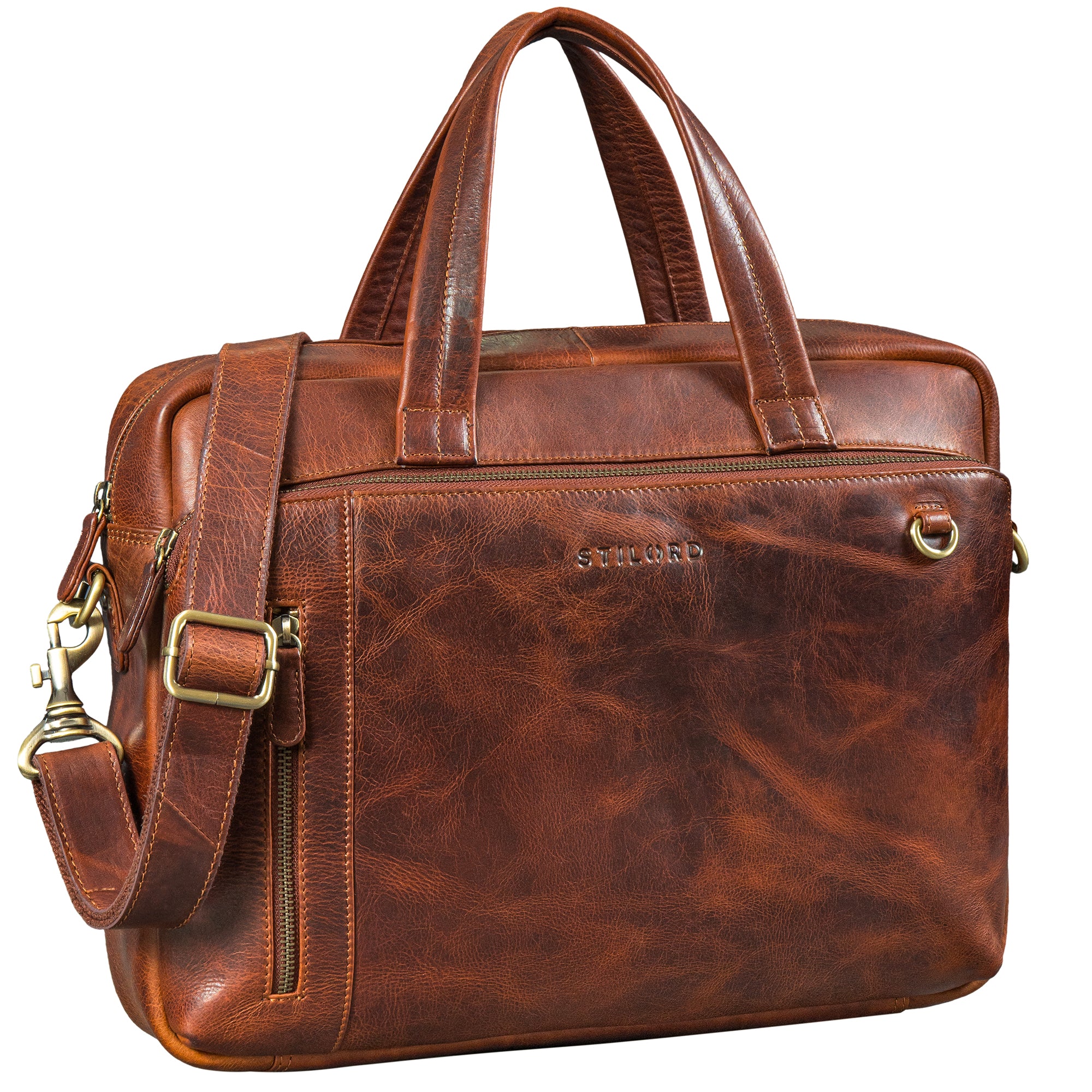 Premium Leder Aktentasche Herren Laptoptasche 15 Zoll Ledertasche Cognac DIN A4 Mit Griff & Schultergurt