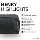 Necessaire em couro preto, vista frontal com zíper e logotipo STILORD em baixo-relevo