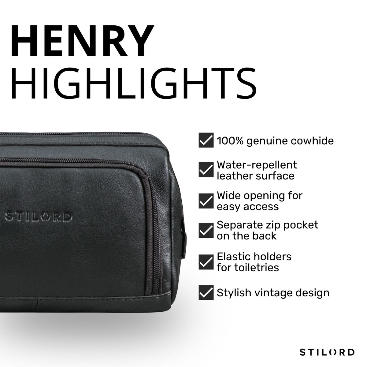 Necessaire em couro preto, vista frontal com zíper e logotipo STILORD em baixo-relevo