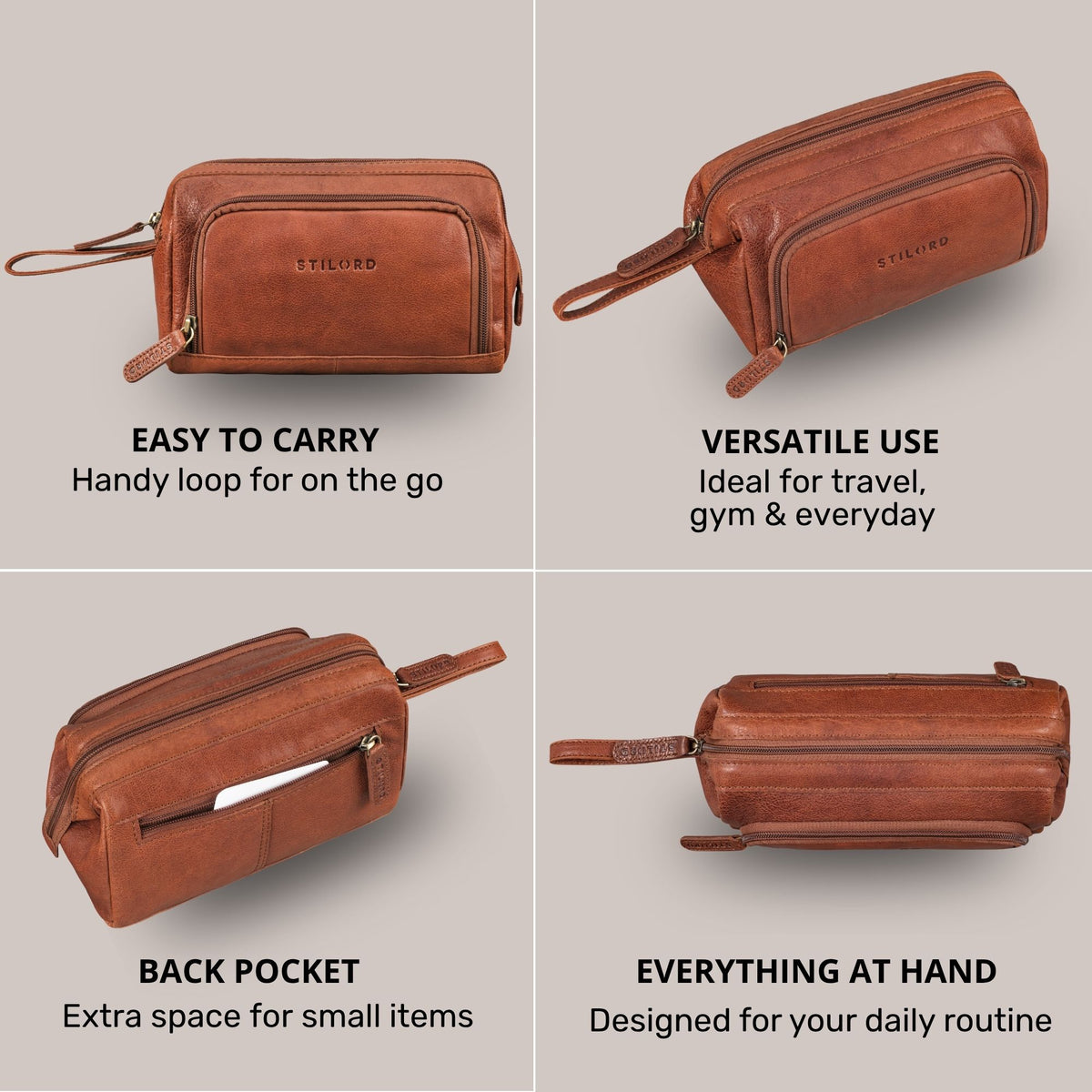 Necessaire Henry em pele maraska castanha com alça de pulso, bolso exterior com fecho e gravação STILORD