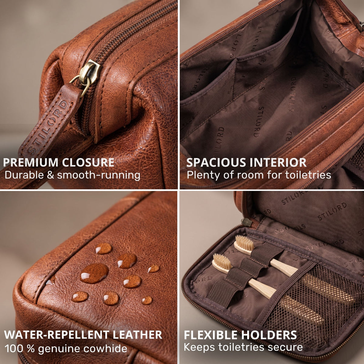 Necessaire em pele castanha maraska, puxador gravado STILORD, interior espaçoso, pele repelente à água com gotas, elásticos de fixação