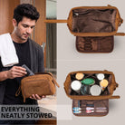 Necessaire de couro tan e castanho escuro, interior com compartimentos e bolsos elásticos, homem a colocar produto