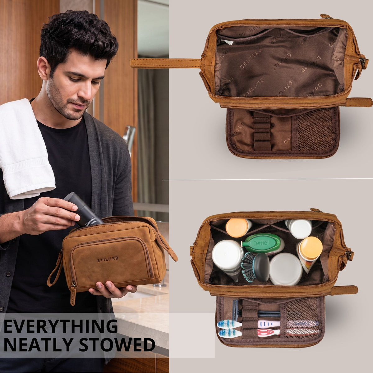 Necessaire de couro tan e castanho escuro, interior com compartimentos e bolsos elásticos, homem a colocar produto