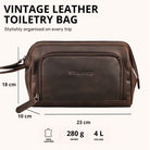 Necessaire em couro genuíno zamora castanho, vista frontal com logo STILORD em relevo e medidas visíveis
