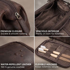 Necessaire em couro castanho zamora, couro repelente à água, fecho de correr resistente, interior espaçoso com presilhas elásticas