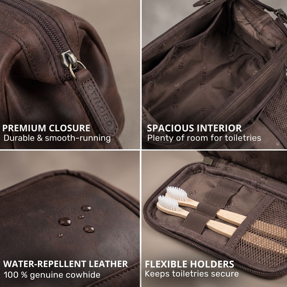 Necessaire em couro castanho zamora, couro repelente à água, fecho de correr resistente, interior espaçoso com presilhas elásticas