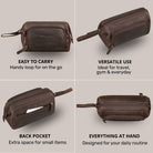 Necessaire em couro cor zamora castanho, vistas lateral e traseira com alça de pulso, bolso traseiro e marca STILORD visível.