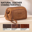 Necessaire Henry em couro natural cor tan, vista frontal em ângulo, logo STILORD gravado e alça de pulso