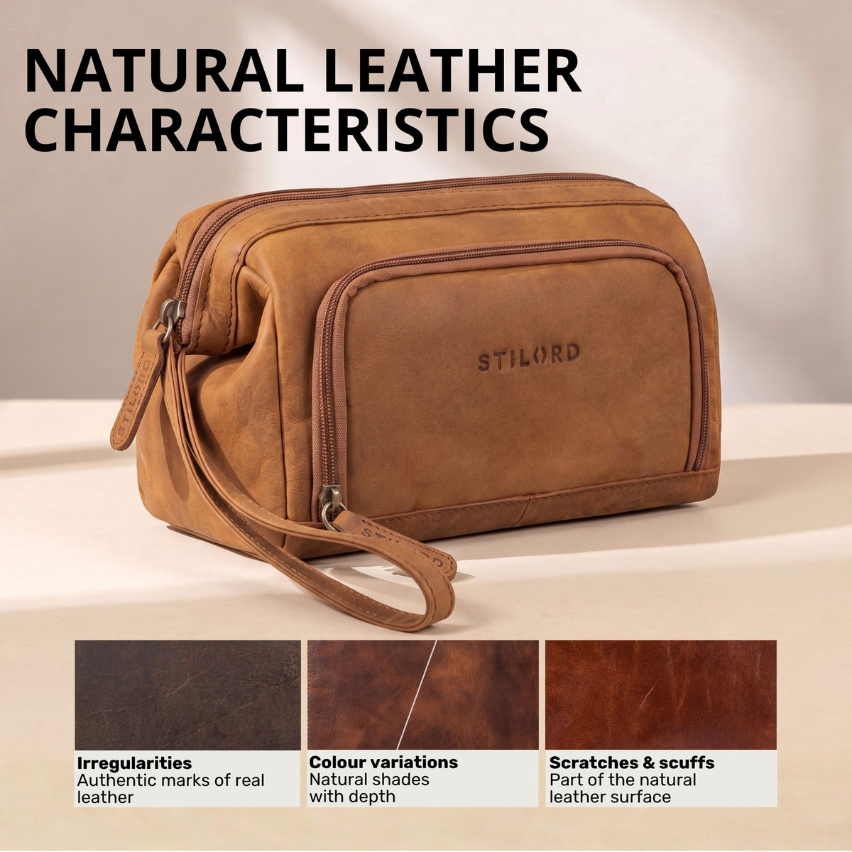 Necessaire Henry em couro natural cor tan, vista frontal em ângulo, logo STILORD gravado e alça de pulso