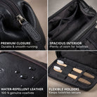 Necessaire em pele preta, pormenores: fecho com gravação STILORD, compartimentos interiores, pele repelente à água, suportes elásticos