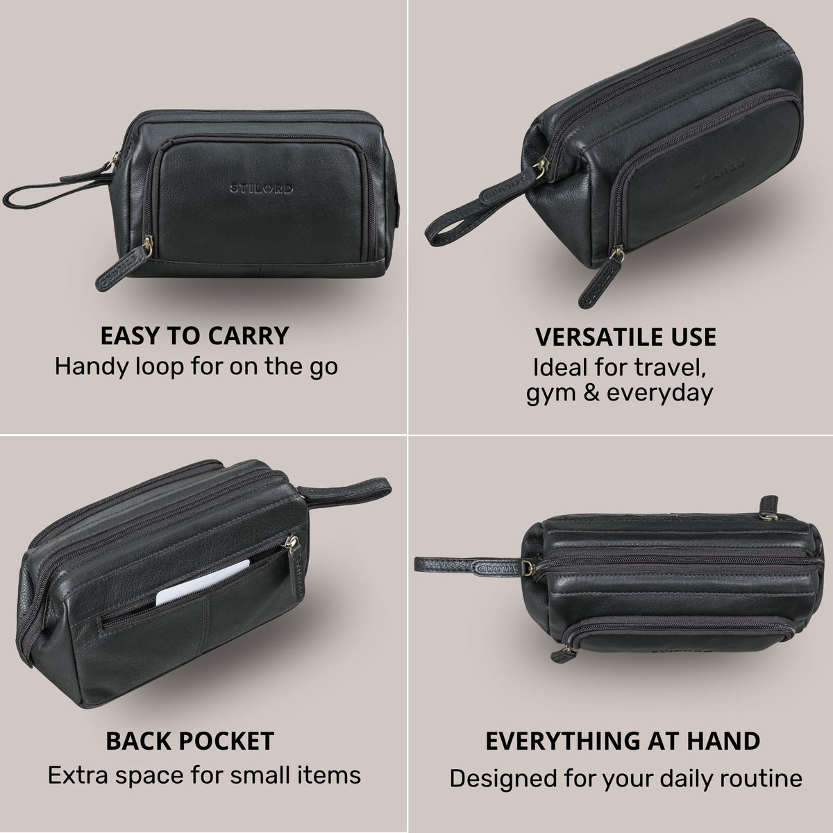 Necessaire em couro preto com alça de pulso, gravação STILORD em relevo e bolso traseiro, várias perspetivas