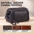 Necessaire em couro preto com gravação STILORD, vista lateral com alça de pulso e compartimentos com fecho