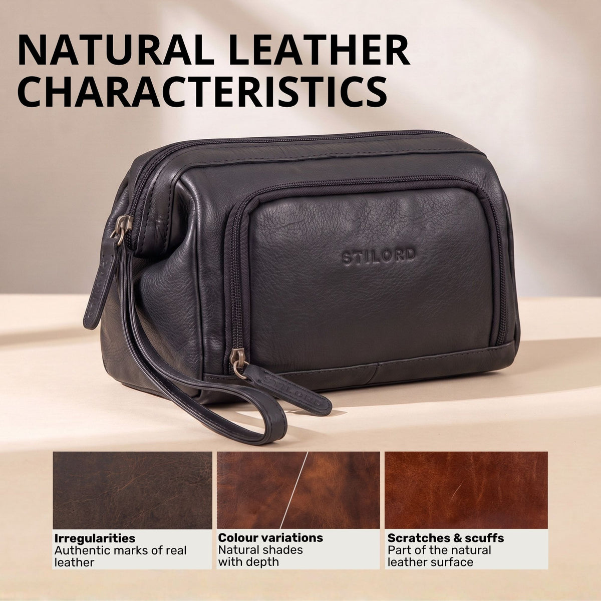 Necessaire em couro preto com gravação STILORD, vista lateral com alça de pulso e compartimentos com fecho