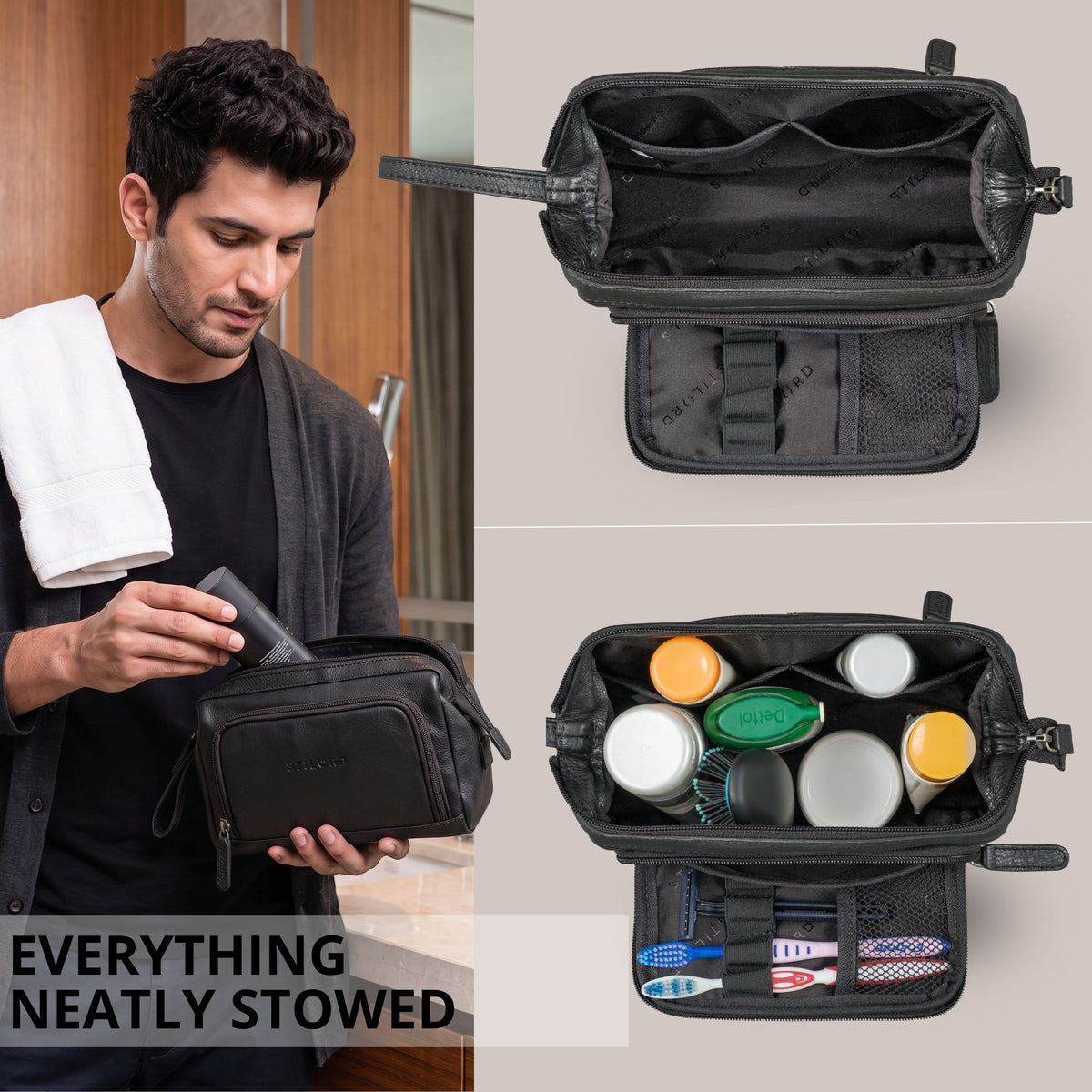 Necessaire em pele preta com abertura ampla, divisórias internas, elásticos para escovas e bolso com fecho; homem guarda tubo