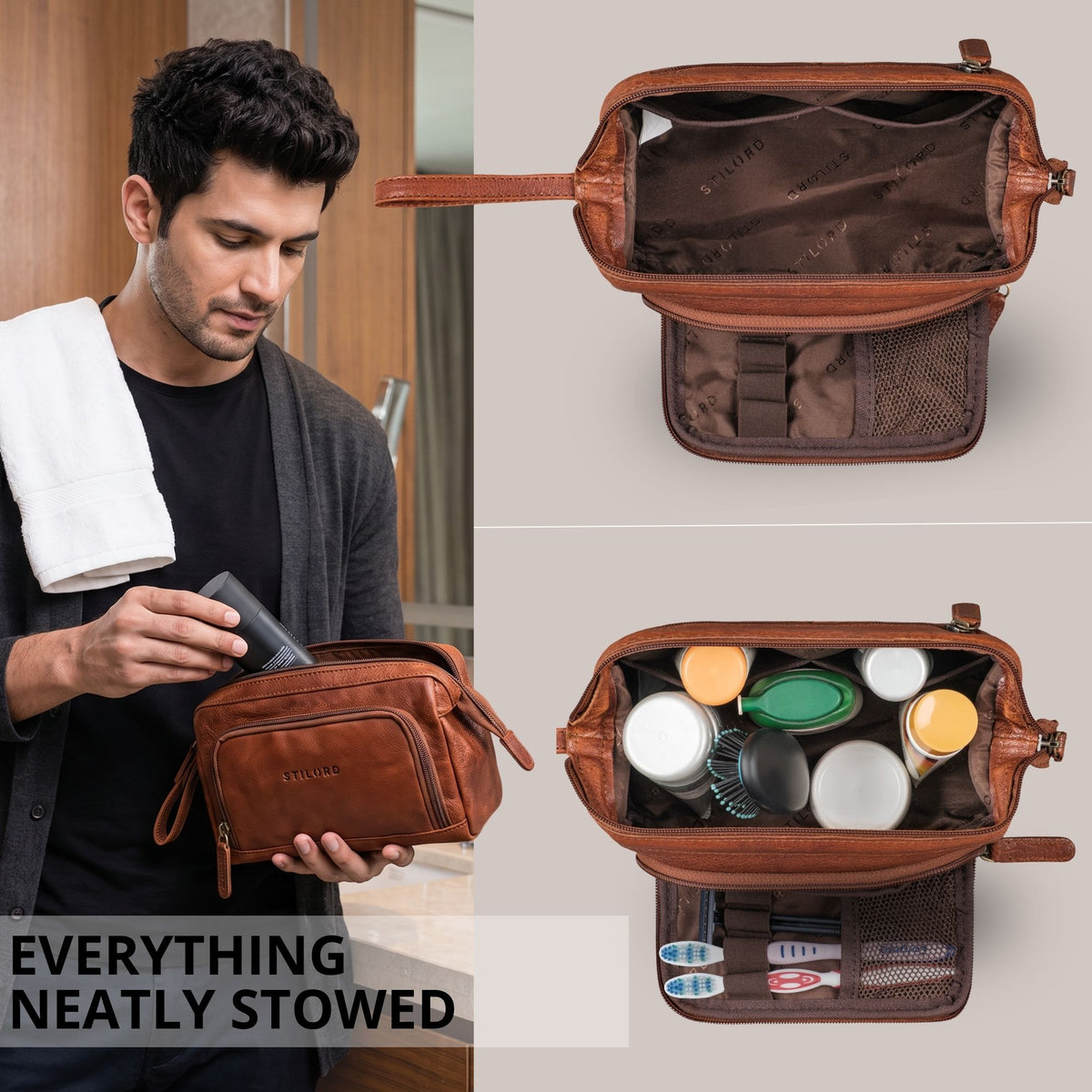 Necessaire de couro marrom maraska aberto com compartimentos internos visíveis; foto lifestyle com homem no banheiro.