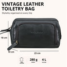 Necessaire em couro preto com gravação STILORD, vista frontal com bolso com fecho e marcações de medidas