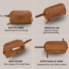 Necessaire em couro tan, vistas mostrando alça de pulso e bolso traseiro com fecho, logótipo STILORD visível