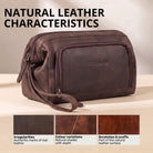 Necessaire em couro zamora castanho, vista lateral com alça de pulso, logo STILORD gravado e amostras da textura do couro