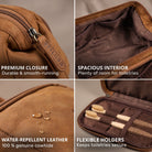 Necessaire em couro bovino tan, destaque para o puxador com gravação STILORD, couro repelente à água e interior espaçoso com suportes para escovas