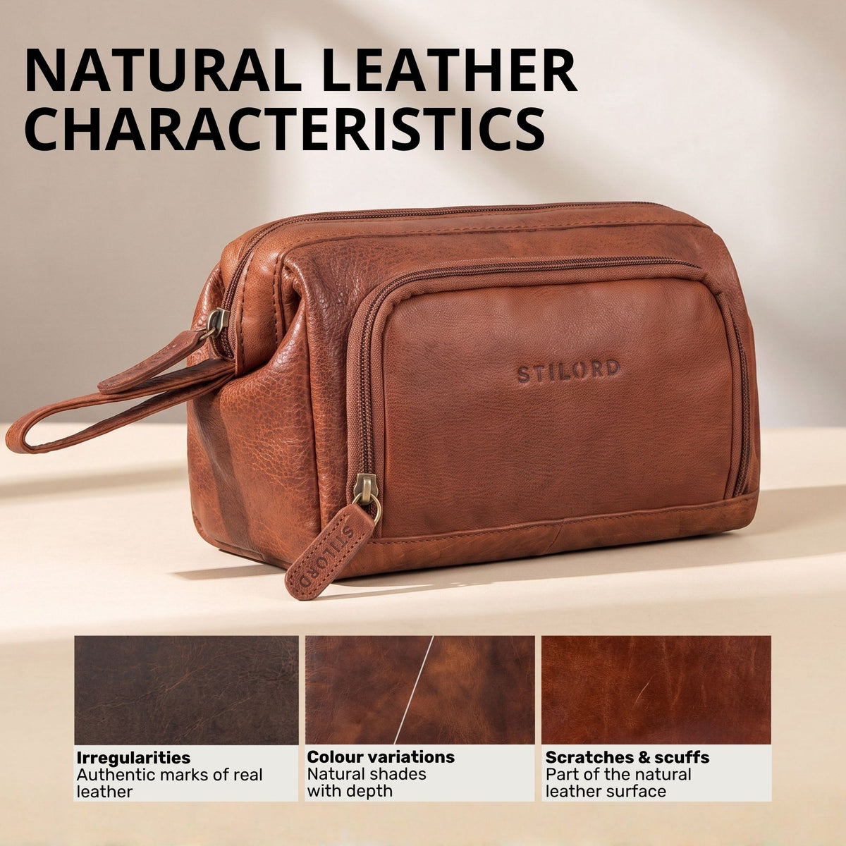 Necessaire em couro marrom maraska, vista frontal-lateral com alça de pulso e gravação STILORD