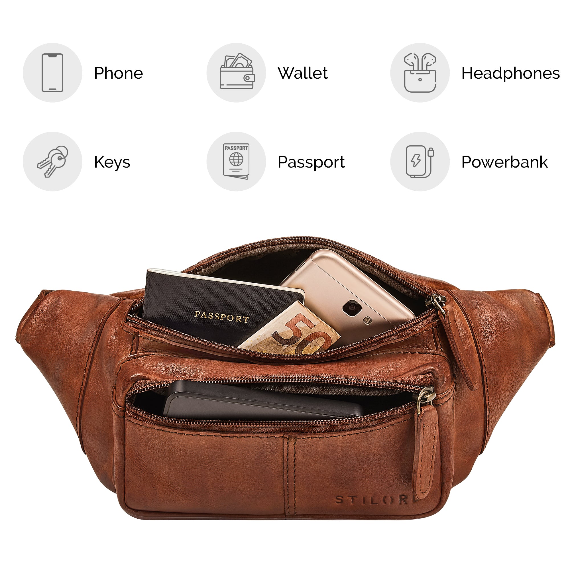 mens belt pouch genuine leather cognac
