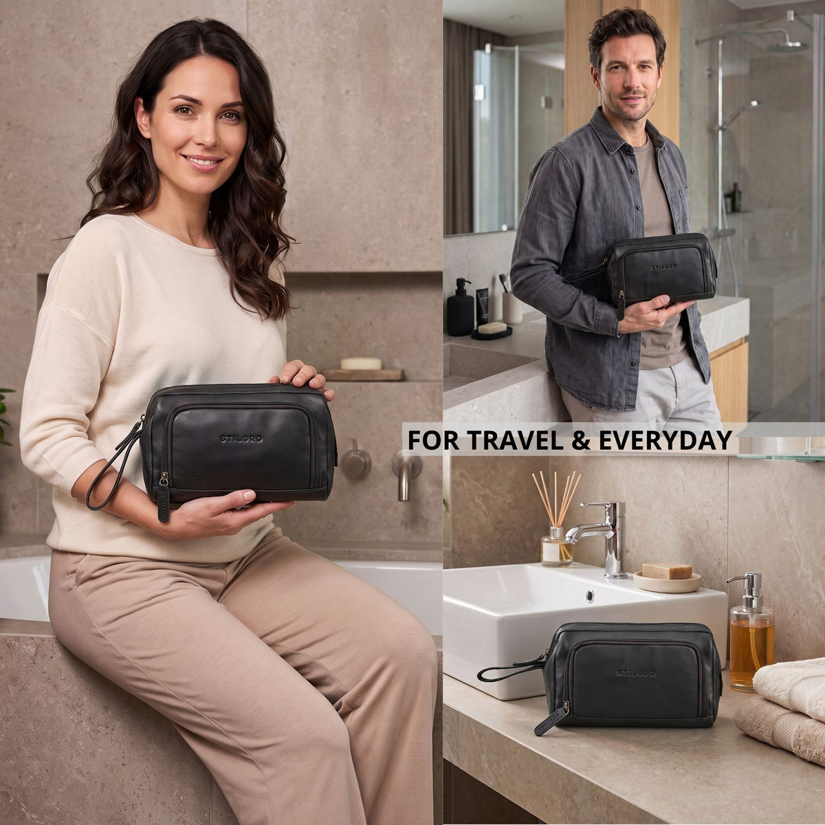 Necessaire em couro preto com gravação STILORD e alça de pulso, apresentado na casa de banho por modelos