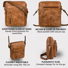 Kleine Schultertasche aus Perugia-braunem Leder, Fronttaschen, Rückfach mit Reißverschluss, verstellbarer Riemen.