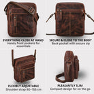 Kleine Herren-Schultertasche aus braunem Leder, Fronttaschen, Rückfach mit Reißverschluss, verstellbarer Trageriemen, schlanke Seitenansicht