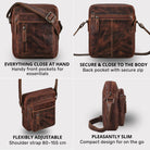 Kleine Herren-Schultertasche aus braunem gewachstem Leder, Vorder- und Rückfach, verstellbarer Riemen, Seitenansicht