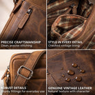 Kleine braune Leder-Schultertasche, Nahaufnahmen von Reißverschluss, Innenfutter, Gurt und wasserabweisender Oberfläche