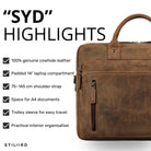 Braune Syd Business-Tasche aus Rindsleder, Frontdetail mit Reißverschlussfach, Griff und STILORD-Prägung